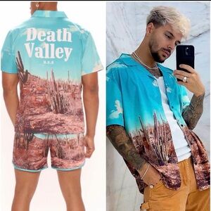 NWOT Fashion Nova Men’s Shirt & Short Set Death Valley Western Cactus Sz MEDIUM